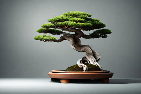 Bonsai tree in ceramic pot on gray background, closeupの素材