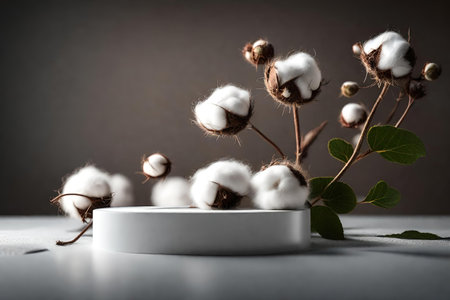Cotton flower on a white podium on a gray background with copy space.の素材