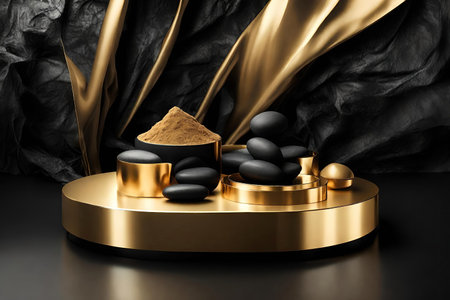 Golden podium with pile of black stones on black backgroundの素材