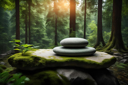 Stones in the forest podium. nature background.の素材