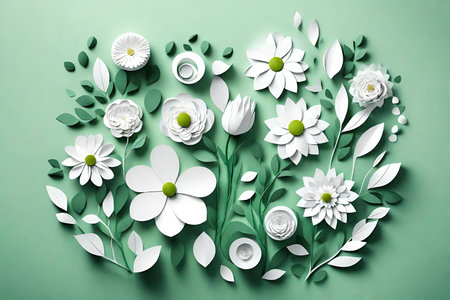 White paper flowers with green leaves on green backgroundの素材