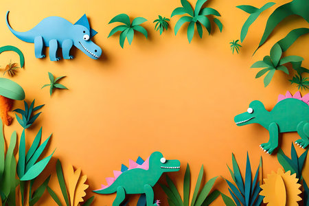 Paper cut dinosaurs and tropical leaves on orange backgroundの素材