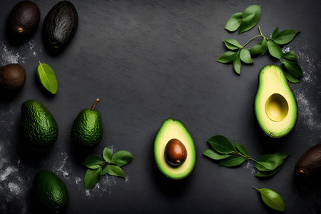 Avocado with leaves on black stone background. top view with copy spaceの素材