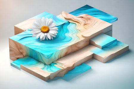 Wooden podium with daisy flower.の素材