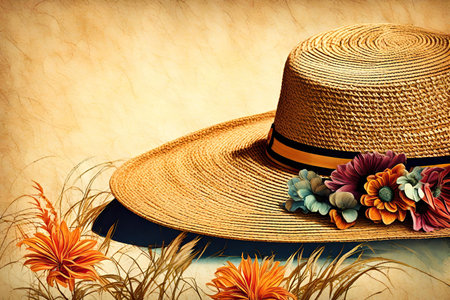 Straw hat with flowers on old paper backgroundの素材