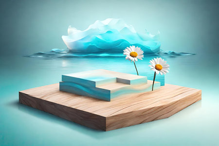 Wooden podium with daisy flowers on blue backgroundの素材