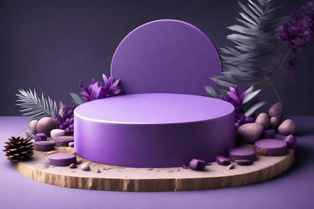 Purple podium for product presentation with lavender flowers and leaves.の素材