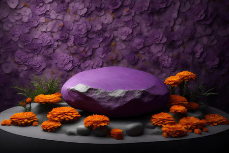 Marigold flowers and stone podium on dark backgroundの素材