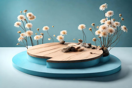 Wooden round podium on blue background with daisy flowers.の素材