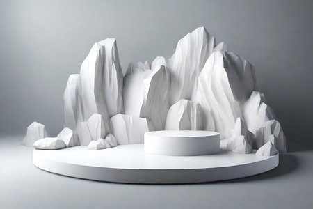 White stone podium with white rock background for product presentation.の素材