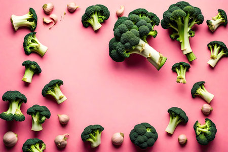 Frame made of fresh broccoli and garlic on pink background, top viewの素材