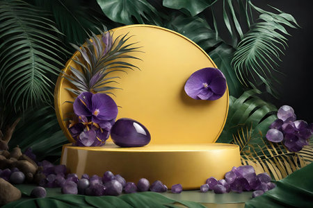 Yellow podium with tropical leaves and purple flowersの素材
