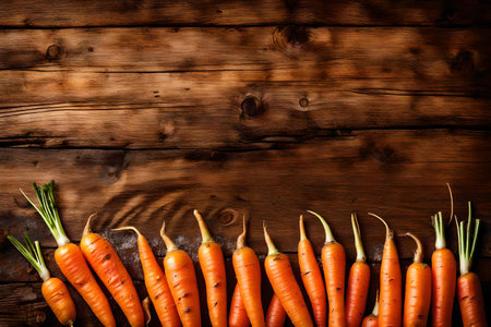 Bunch of fresh carrots on rustic wooden background with copy spaceの素材