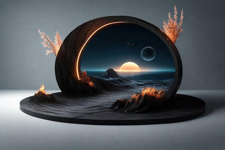 Abstract landscape with a round black stone podiumの素材