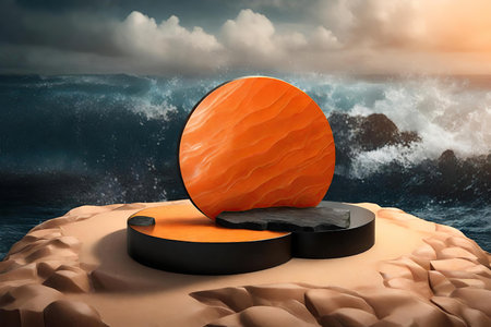 Scene with black and orange stone podium and waves backgroundの素材
