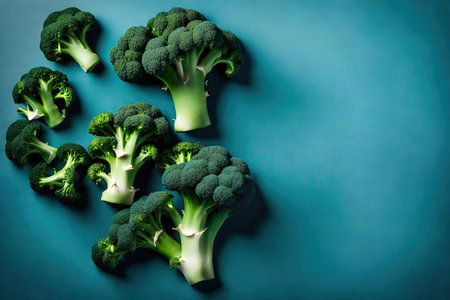 Fresh green broccoli on blue background. Top view with copy space.の素材