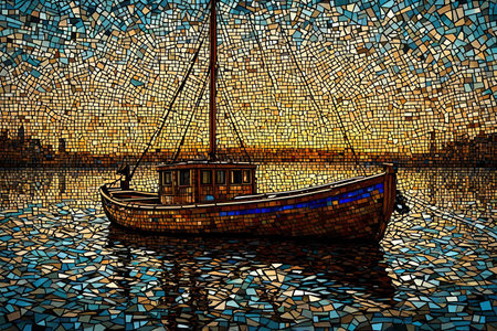 Sailing boat in the sea at sunset. colorful mosaic backgroundの素材