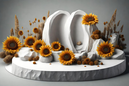 White stone podium with sunflowers for product displayの素材