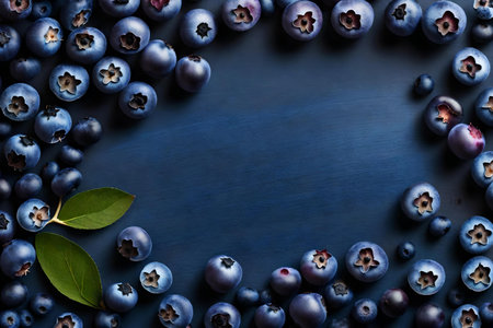 Blueberries on blue wooden background with copy space. top view.の素材