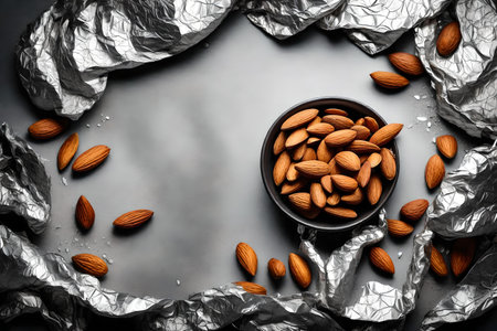 Almond nuts in a bowl on a gray background with silver foilの素材