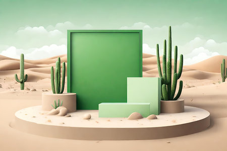 Green podium and cactus in pink desert.の素材