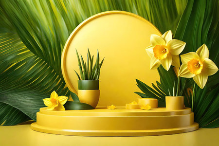 Podium for product display with beautiful daffodilsの素材