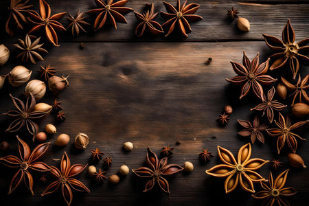 Star anise and nuts on a dark wooden background with space for textの素材