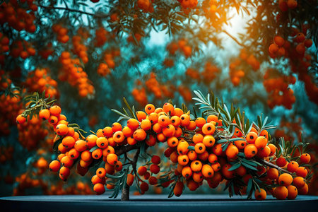 Sea buckthorn berries on a branch in autumn. selective focus. Toned.の素材
