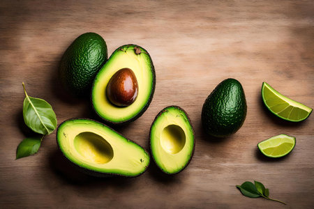 Avocado with lime on wooden background. top view with copy spaceの素材