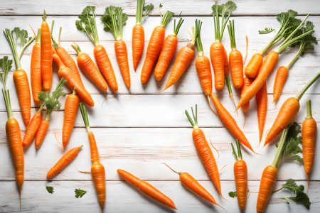Bunch of fresh carrots on white wooden table, top view. vegetable backgroundの素材