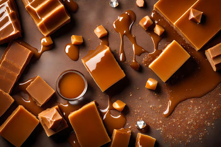Pieces of delicious caramel candies with melted caramel, closeupの素材