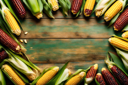 Fresh corn cobs on rustic wooden background. top view.の素材