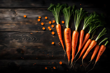 Bunch of fresh carrots with green leaves on black wooden background.の素材