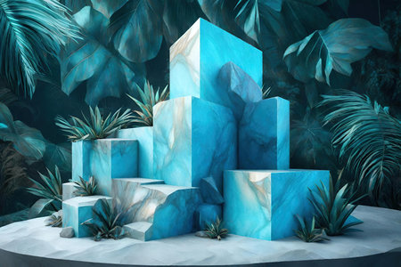 Blue marble podium with plantsの素材