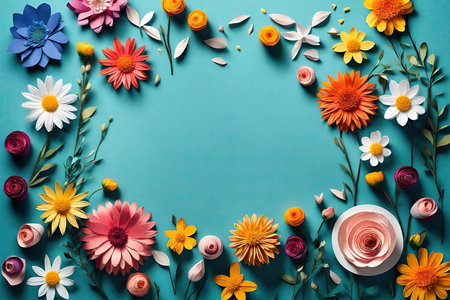 paper flowers composition. Frame made of colorful flowers on blue background. Flat lay, top view, copy spaceの素材