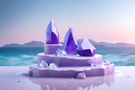 3d render of purple stone on the podium with sea and mountain backgroundの素材