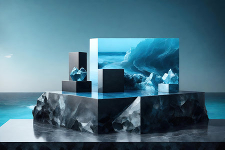 Abstract blue background with 3d cubes and icebergs, 3d renderの素材