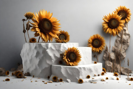 3d render of sunflowers on white pedestal with grey backgroundの素材