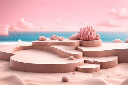 Pink stone podiums on the beachの素材