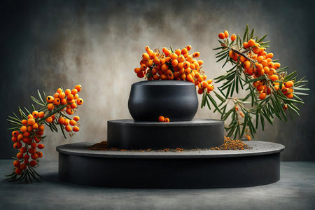 Sea buckthorn berries and black round podiumの素材