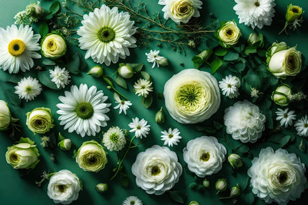 flowers composition. Background made of white ranunculus flowers on green background. Flat lay, top view, copy spaceの素材