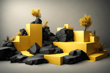 Yellow stone podiums with black rocksの素材