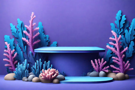 Blue pedestal with corals and stones.の素材