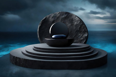 Black stone podium in the oceanの素材