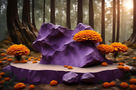 Forest with purple stone podium and marigold flowersの素材