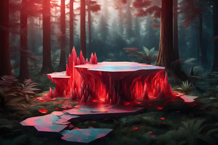 Red tinted glass rock podium in the forestの素材