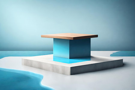 Blue and wood podium in blue abstract water backgroundの素材