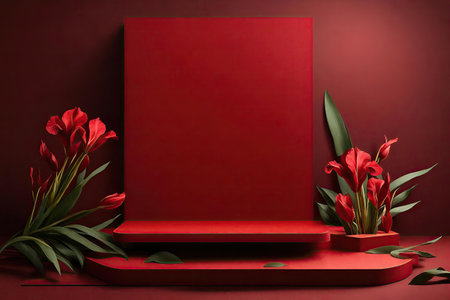 Red podium with flowers on a red backgroundの素材