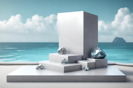 White stone podium with silver crystal stones on the beach backgroundの素材