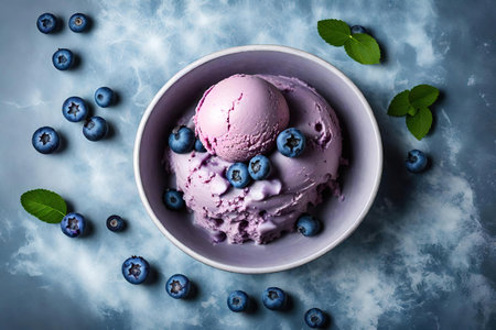 Blueberry ice cream in bowl with fresh blueberries and mintle background. top viewの素材